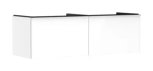 Weißer Waschtischunterschrank mit zwei Schubkästen und schwarzem Oberteil, geeignet für Aufsatzwaschtische, von Hansgrohe.